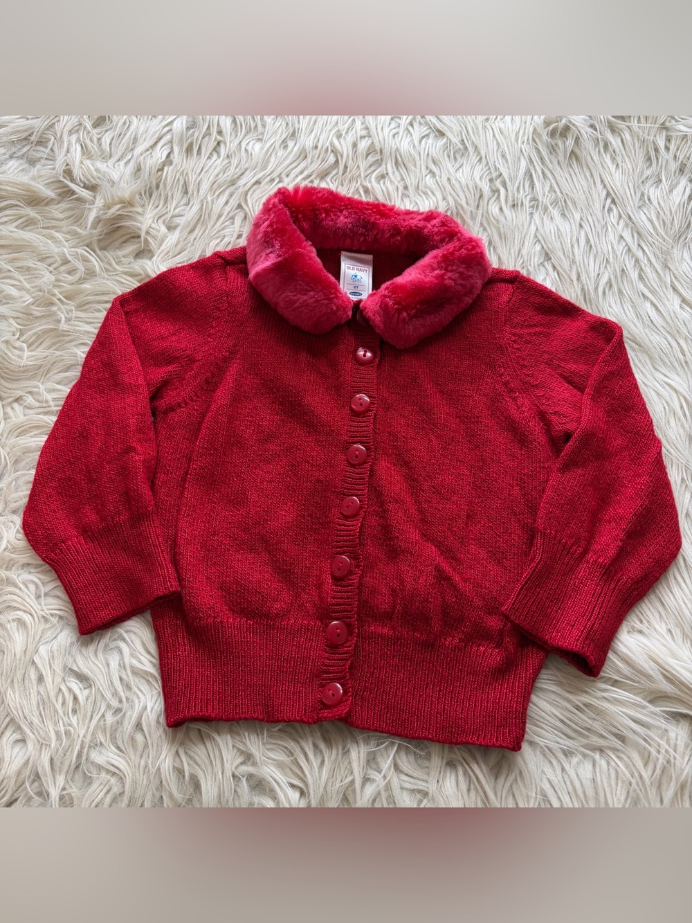 Vintage Y2K Old Navy Holiday Red Faux Fur Collar Cardigan Sweater 2005 Girls 2T